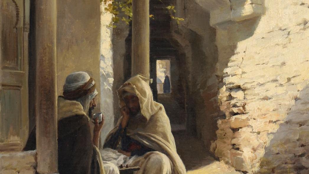 Eugène Girardet (1853-1907), Le thé dans une ruelle, huile sur toile, signée en bas... Le sacré avec Champaigne,  le profane avec Girardet