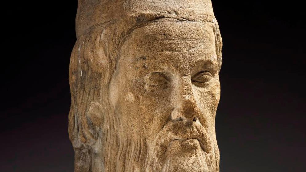Ile-de-France, second third of the 12th century. Head of a king or high priest in... An Early Gothic Sculpture from the Abbey of Saint Denis