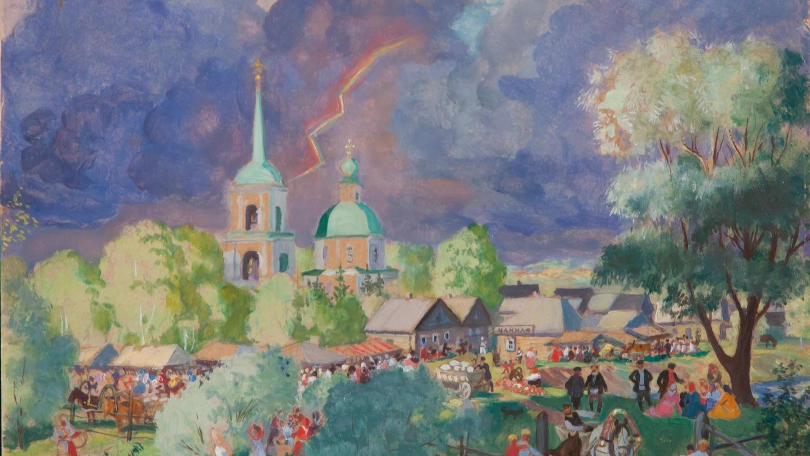 Boris Koustodiev (1878-1927), La Fête du village, 1919, huile sur carton, 17,5 x 22 cm.... Le peintre russe Boris Koustodiev ou le triomphe de la vie