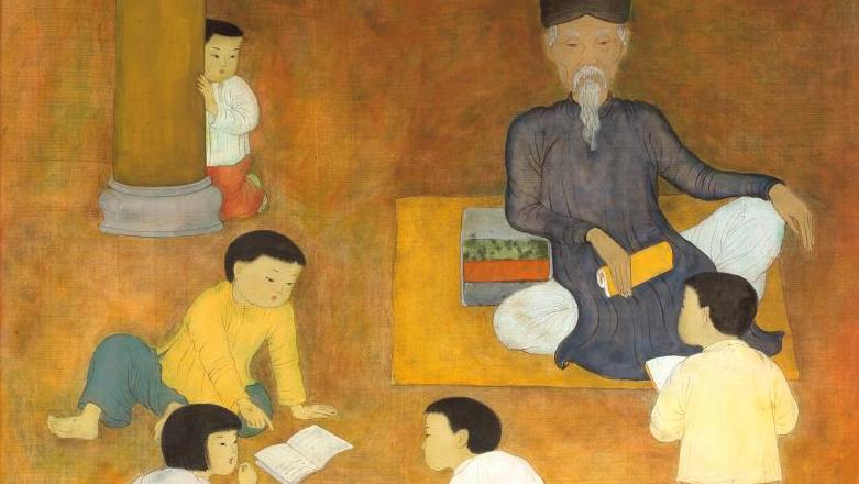 Mai Trung Thu (1906-1980), L’École, 1953, encre et couleurs sur soie, cadre d’origine... Vietnam : record mondial