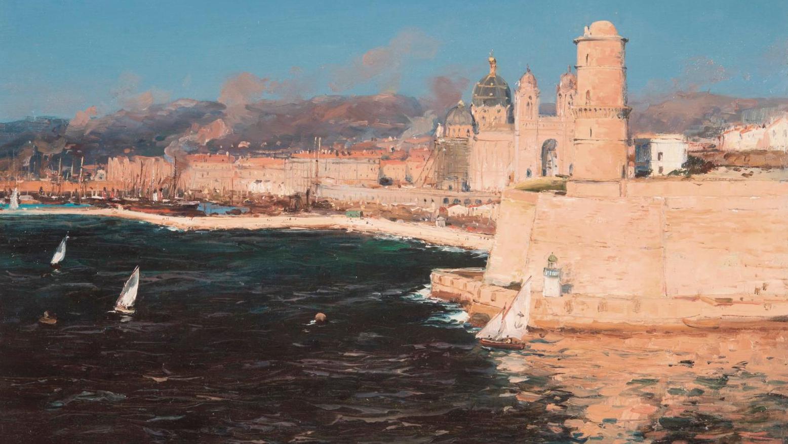 Jean-Baptiste Olive (1848-1936), Vue du fort Saint-Jean et de la Major, huile sur... Lumières méditerranéennes