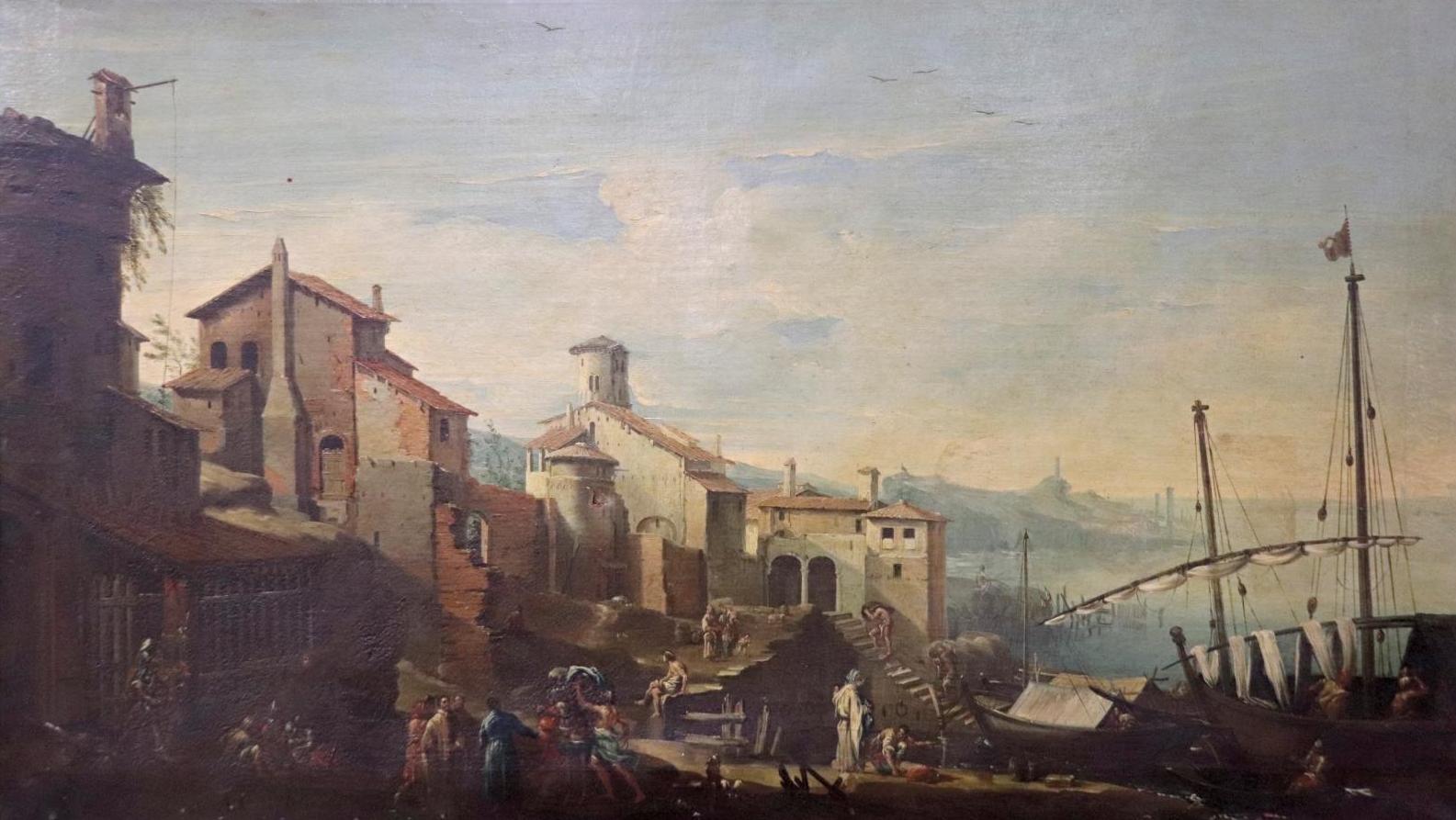 Attribuée à Antonio Canale dit Il Canaletto (1697-1768), Vue de port, toile d’origine,... Un port méditerranéen par Canaletto