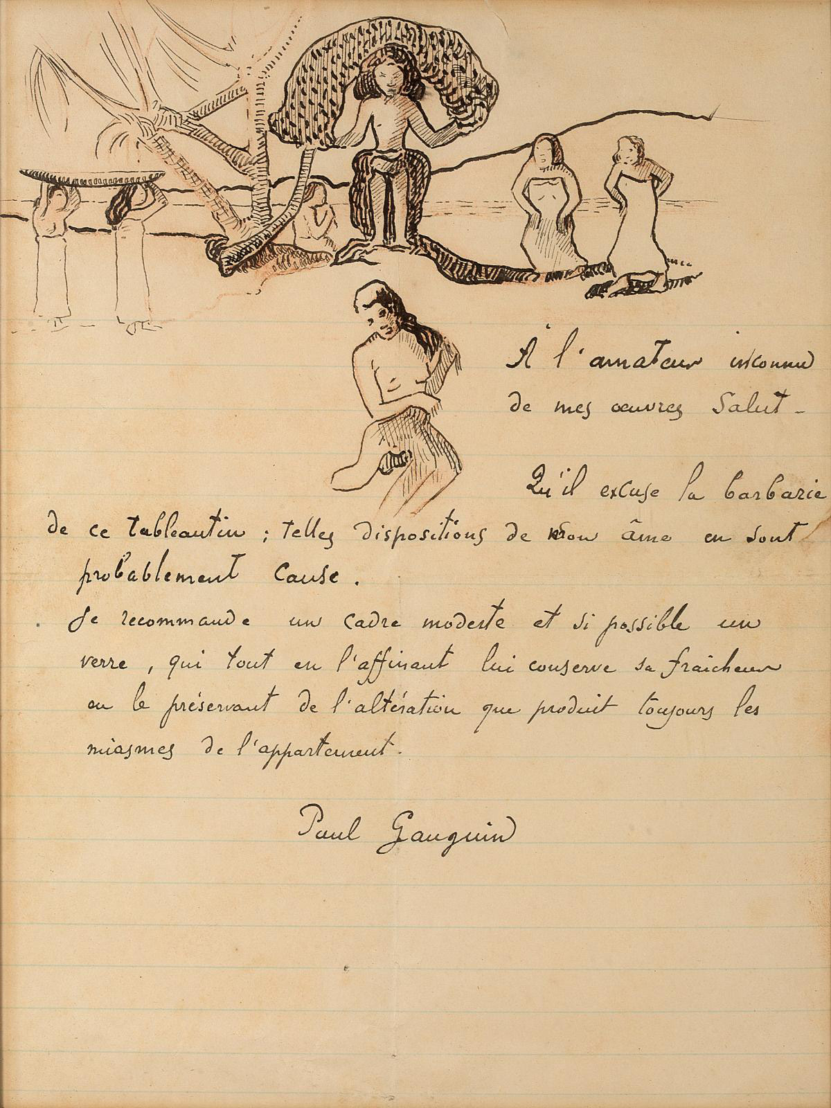 Paul Gauguin (1848–1903), signed autograph letter with ink drawing "à l’amateur inconnu de mes œuvres" ("to the unknown lover of my works"