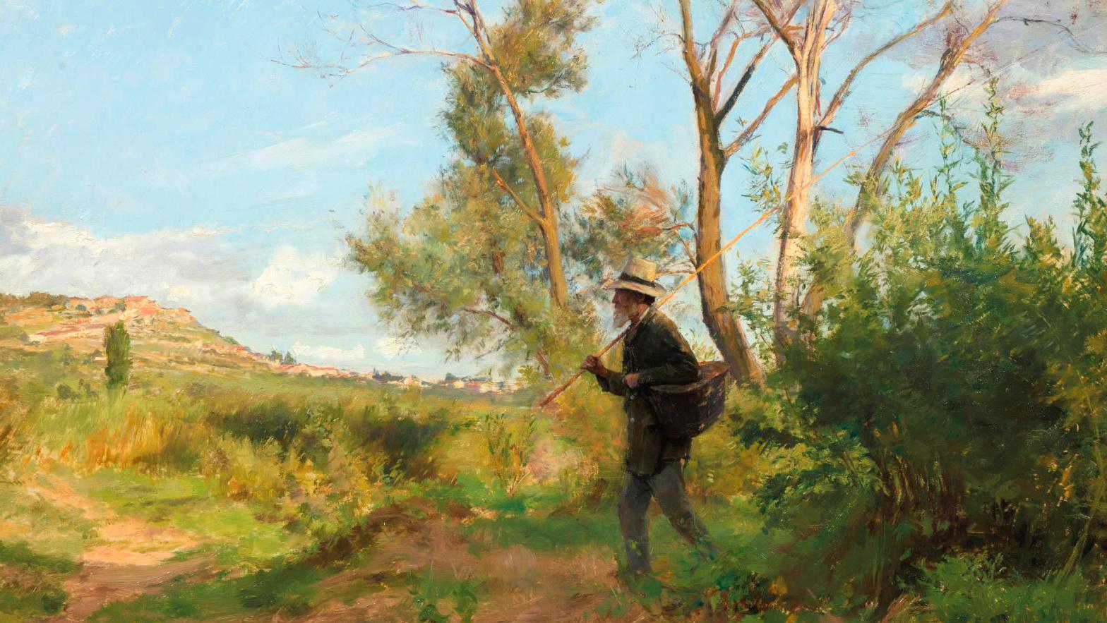 Émile Friant (1863-1932), Une lisière de bois (Le Père Pidole, avec le village de... A Naturalistic Woodland Clearing by Emile Friant 