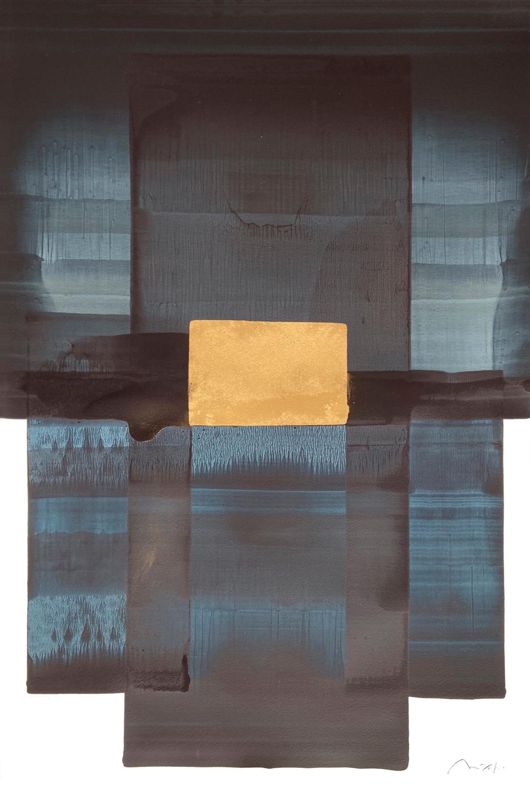Nicolas Lefeuvre (né en 1975), Landscape, 2021, encre de Chine et poudre d’or sur papier marouflé sur toile, 76 x 50 cm. Présenté par la g