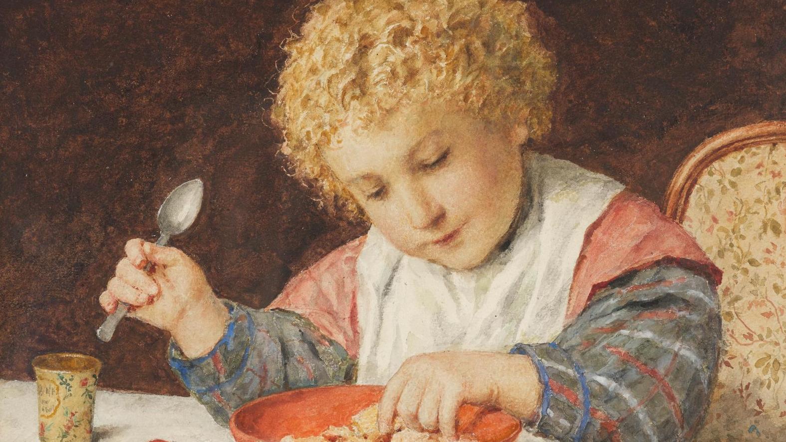 Albert Anker (1831-1910), Enfant mangeant, 1908, aquarelle sur crayon sur papier,... La tendresse d’Albert Anker 