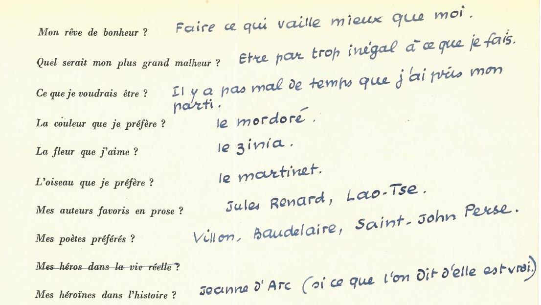 «Questionnaire de Proust», 124 réponses autographes signées d’écrivains (2 non signées... Questionnaires de Proust