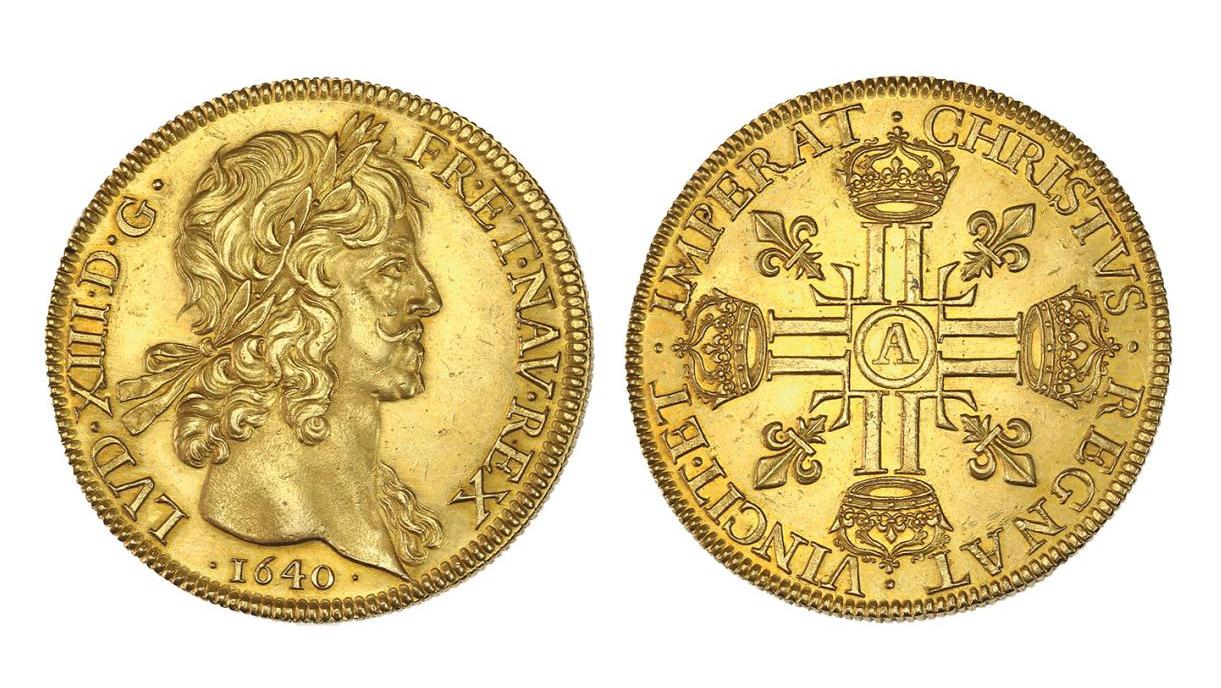 8 Louis d’or à la tête laurée, œuvre de Jean Warin, frappée à Paris en 1640, tête... Un 8 Louis d’or d'exception