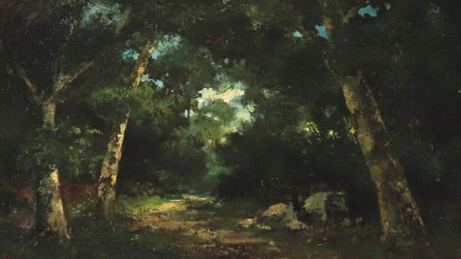 Gustave Courbet (1819-1877), Paysage de forêt, huile sur toile monogrammée en rouge,... De Courbet à son ami Pierre-Auguste Fajon