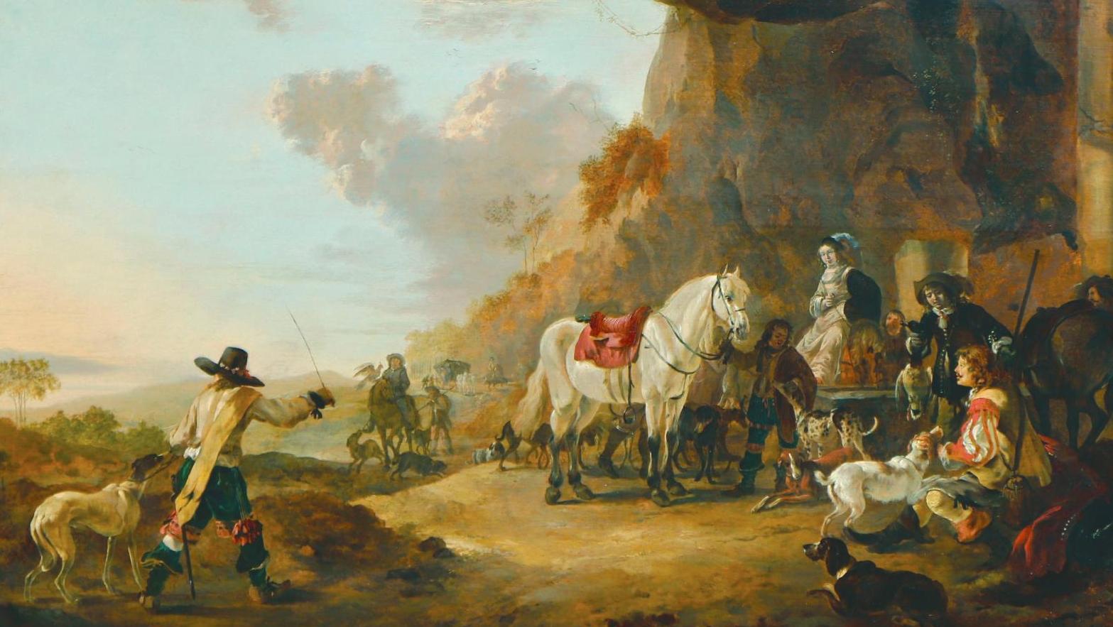 Dirk Stoop (vers 1618-1686), Repos des chasseurs devant une grotte, panneau de chêne,... Dirk Stoop, sous le signe de la diversité