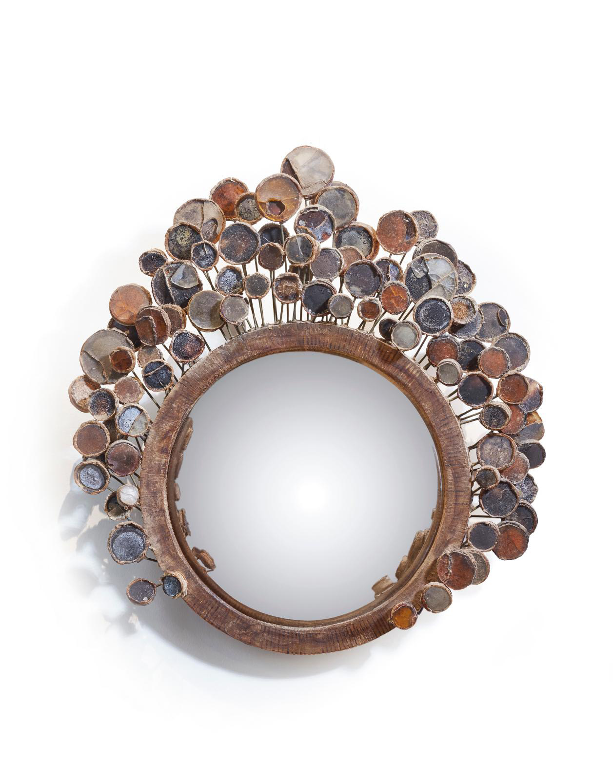 Line Vautrin (1913-1997), "Perruques" model convex mirror, large version, 1960s, in beige hot embossed talosel with mirrors, original conv