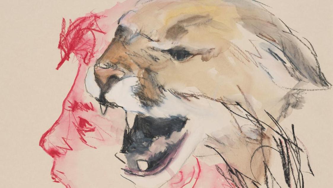 Edi Dubien (né en 1963), Le Cri primal, 2021, aquarelle et crayon sur papier, 32 x 24 cm.... L’homme et l’animal au château de Chamarande