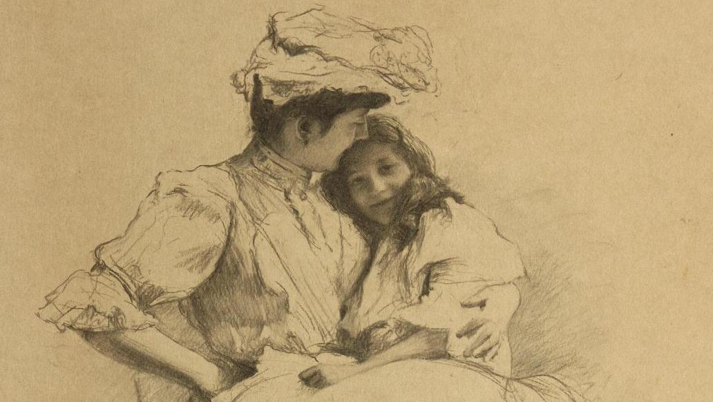 Émile Friant (1863-1932), Tendresse maternelle, 1906, fusain sur papier, 55 x 38 cm.... La tendresse d’Émile Friant