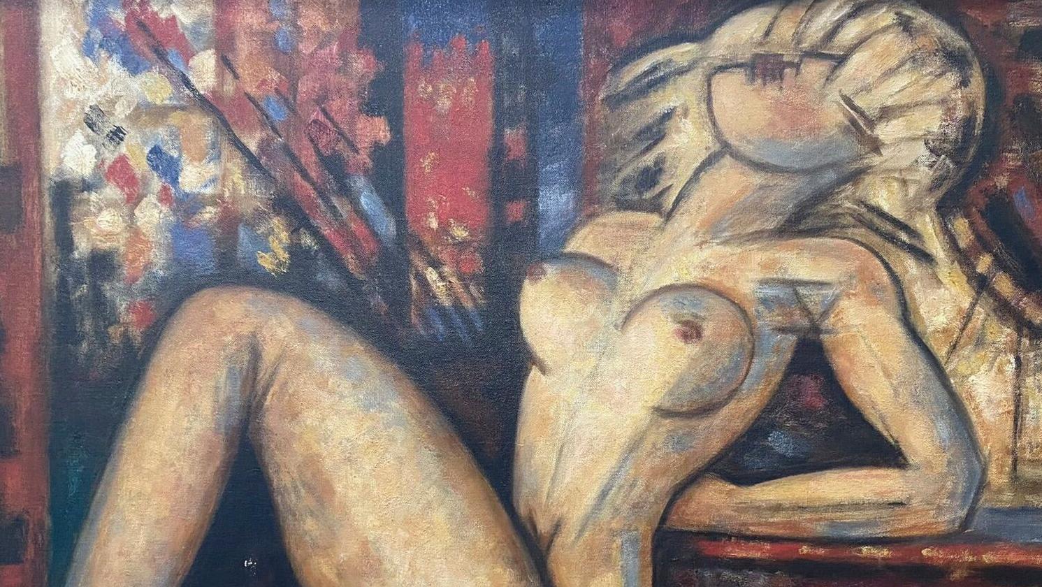 Marcel Gromaire (1892-1971), Nu cambré sur fond rouge et bleu, 1964, huile sur toile... La sensualité façon Marcel Gromaire 