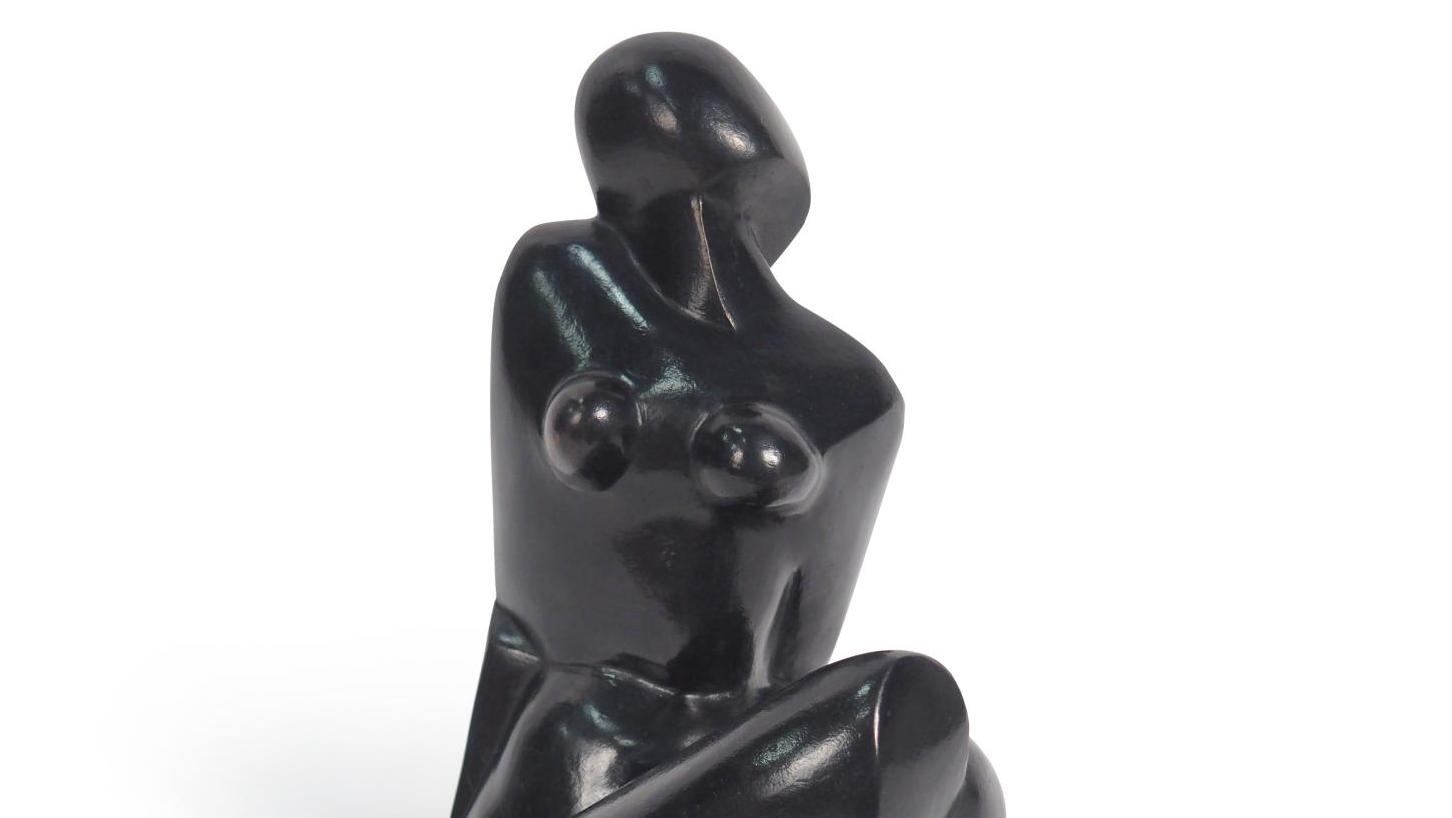 Katarzyna Kobro, Femme nue assise, sculpture en bronze à patine noire, signée, fonte... Avant-garde polonaise