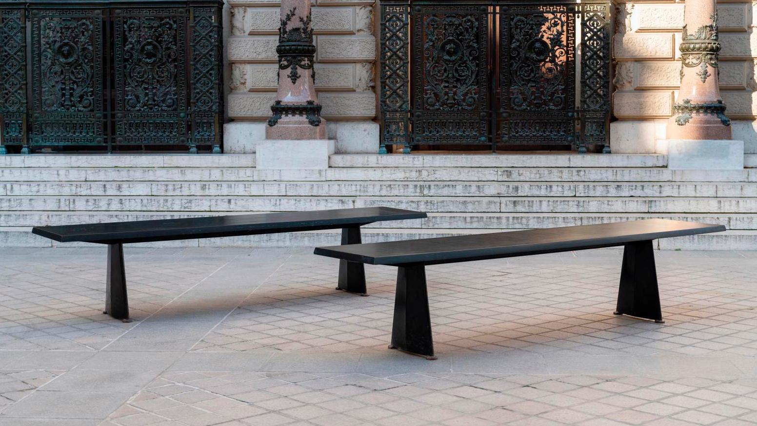 Jean Prouvé (1901-1984), two central "trapèze" (trapezium) tables, long version,... Two Tables by Jean Prouvé for the Antony University Campus, the Essence of Design