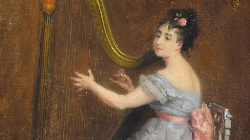 Eva Gonzalès (1849-1883), Joueuse de harpe, vers 1873-1874, huile sur toile, 41 x 27,5 cm.Estimation :... Douceur maternelle d’Eva Gonzalès 