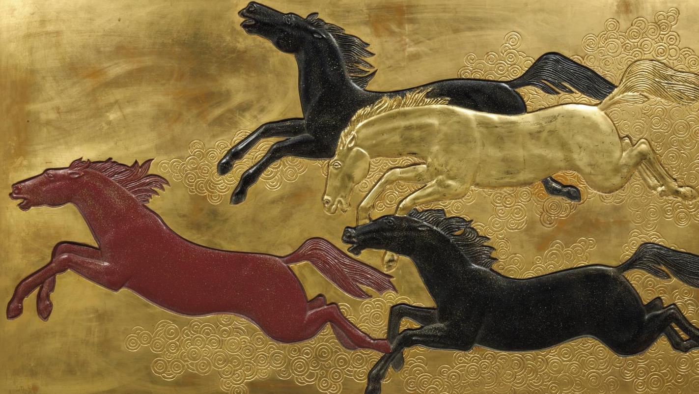 Jean Dunand (1877-1942), La Conquête du cheval, panneau en plâtre à décor en laque,... La chevauchée fantastique de Jean Dunand