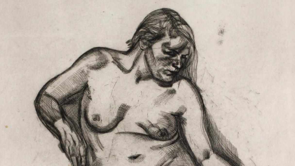 Lucian Freud (1922-2011), Femme nue assise tenant son pied, 1985, eau-forte, épreuve... Lucian Freud, au plus près du corps