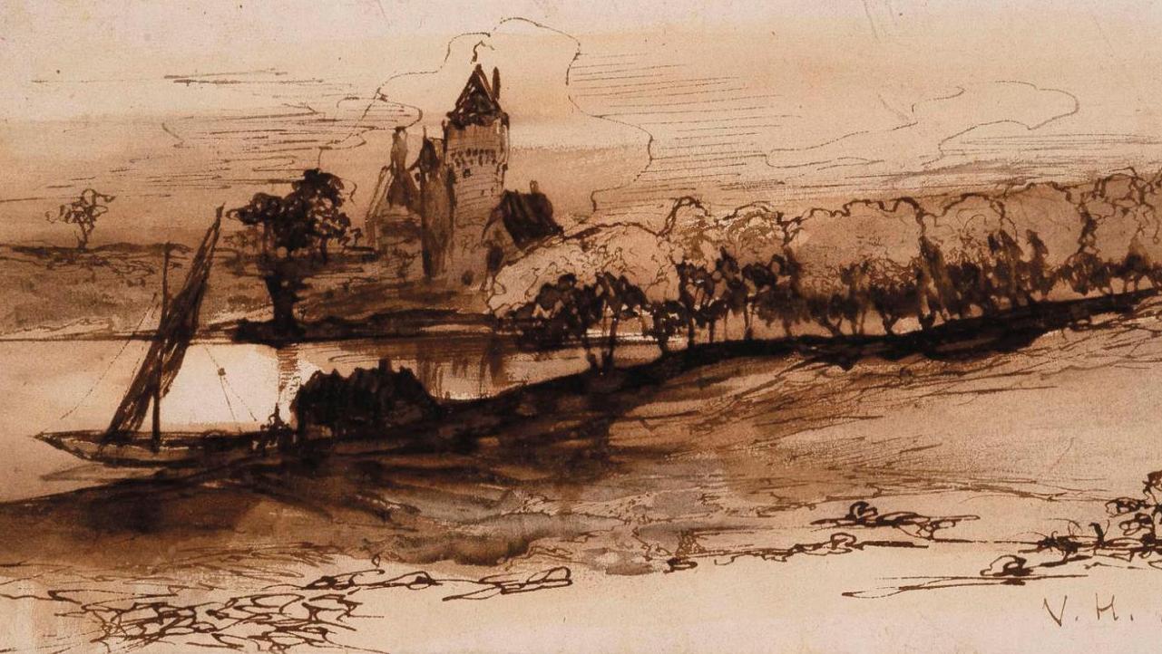 Victor Hugo (1802-1885), Paysage au burg, 1842, lavis d’encre brune, plume et encre... Victor, Gustave, Guy et les autres