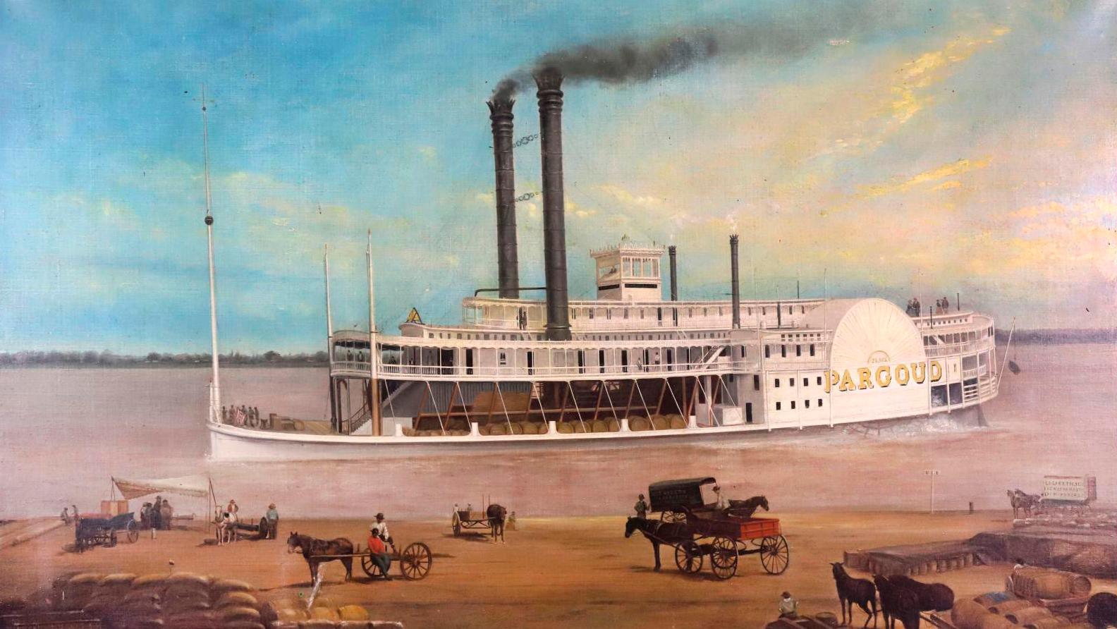 Lewis Herring (c. 1836-1869), The Steamboat Pargoud Before a Busy Cotton-Loading... A Medal-Winning Painting by American Artist Lewis Herring